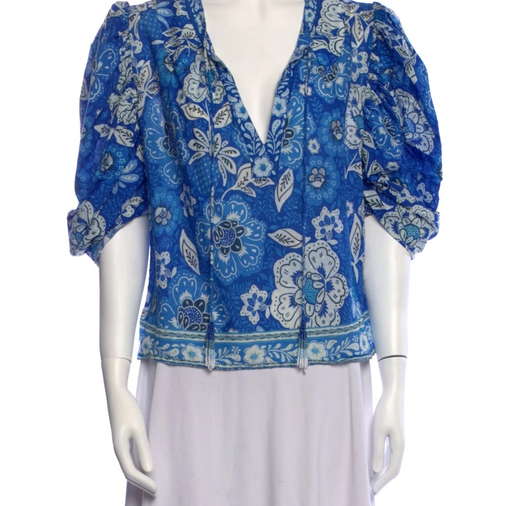 FARM Rio Blue and White Puff Sleeve Ruffled Blouse